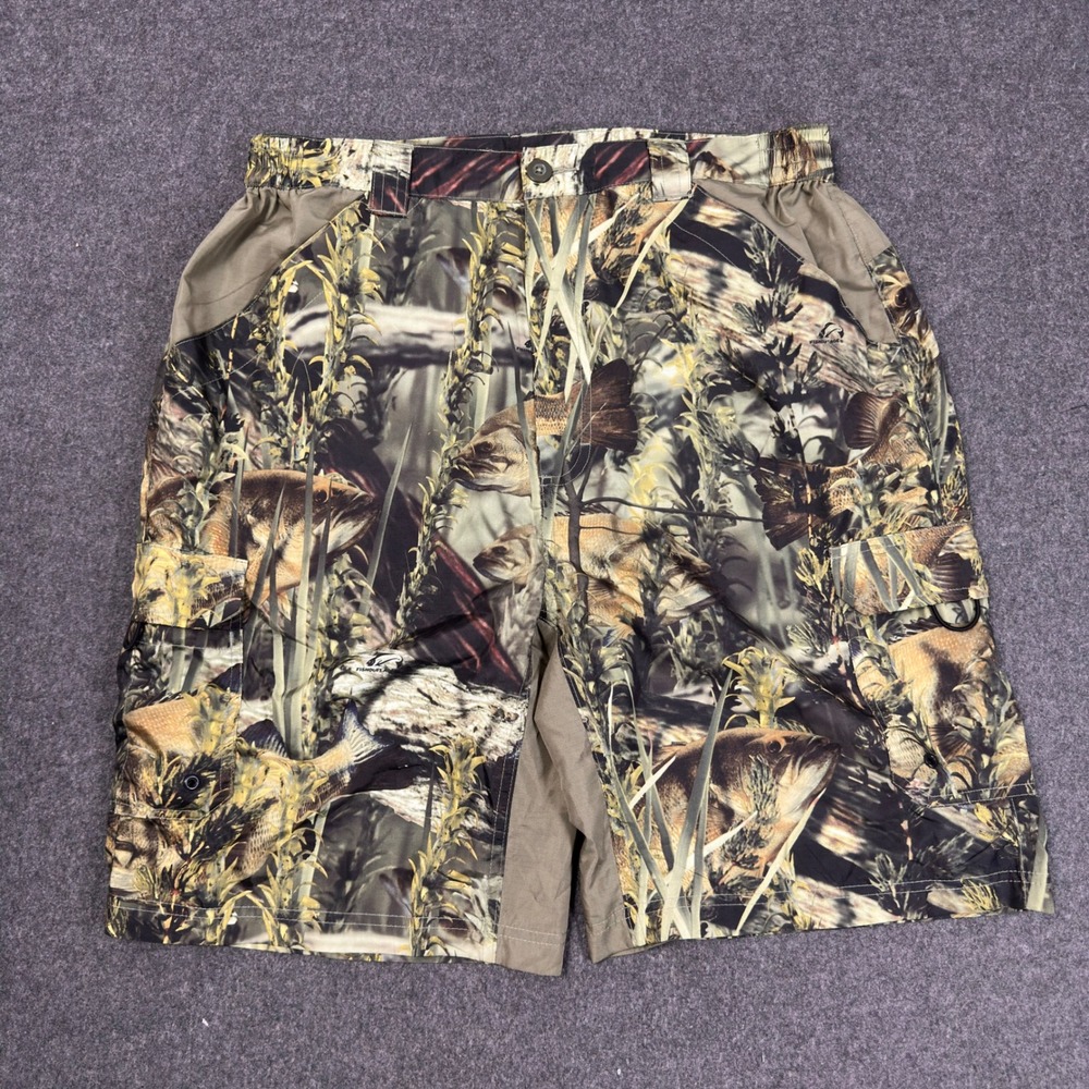 Fishouflage Mens Bass Fishing Camo Cargo Shorts Green Brown Ripstop Size Large